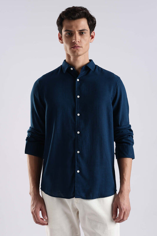 Regular fit Navy Blue Linen Blend Shirt