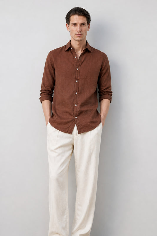 100% Pure Linen Brown Shirt
