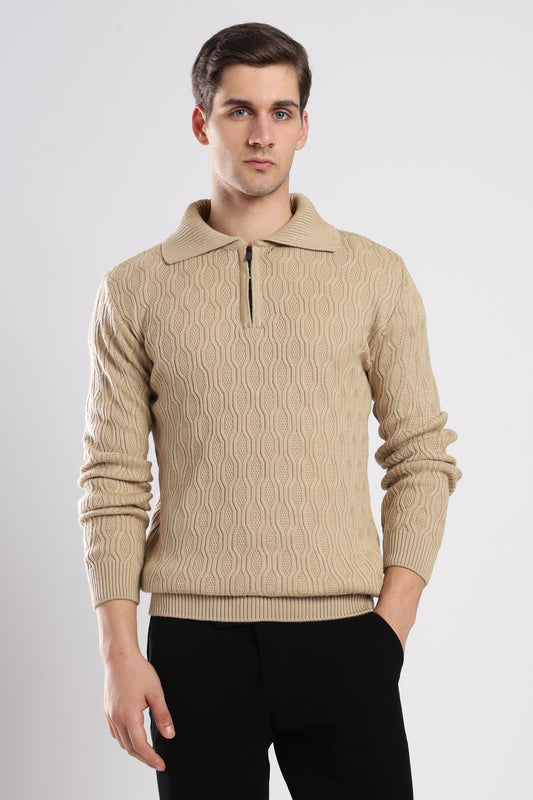 Beige Textured Zip-Collar Sweater