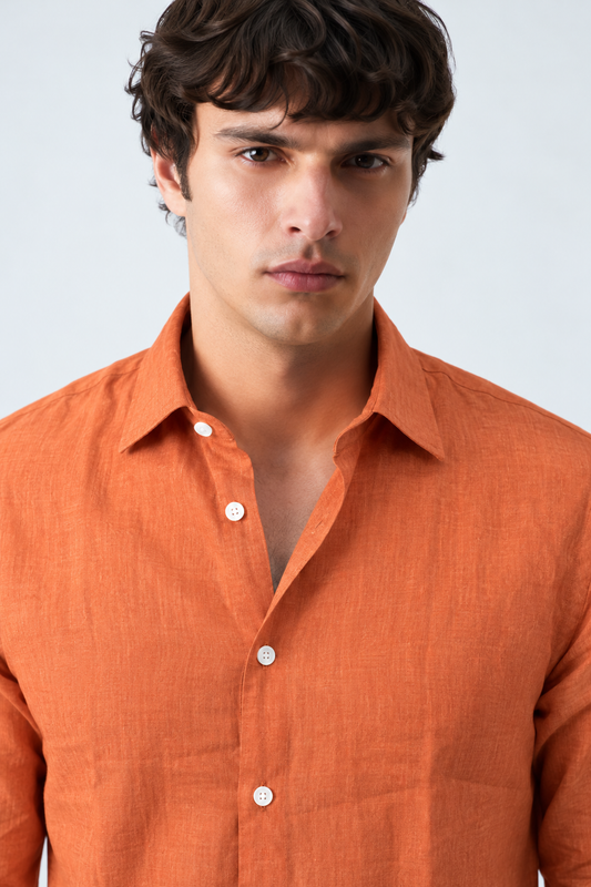 100% Pure Linen Terracotta Orange Shirt