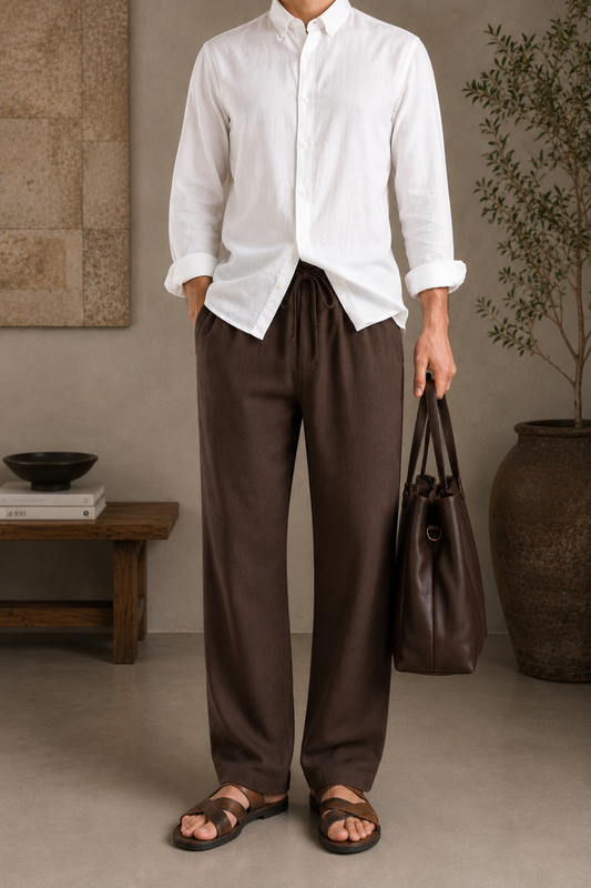 Brown Relaxed Fit Linen Pants