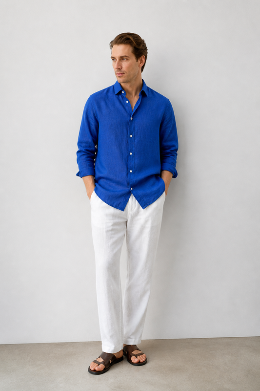100% Pure Linen Royal Blue Shirt