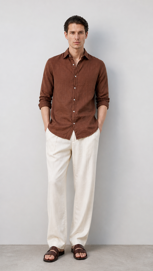 100% Pure Linen Brown Shirt