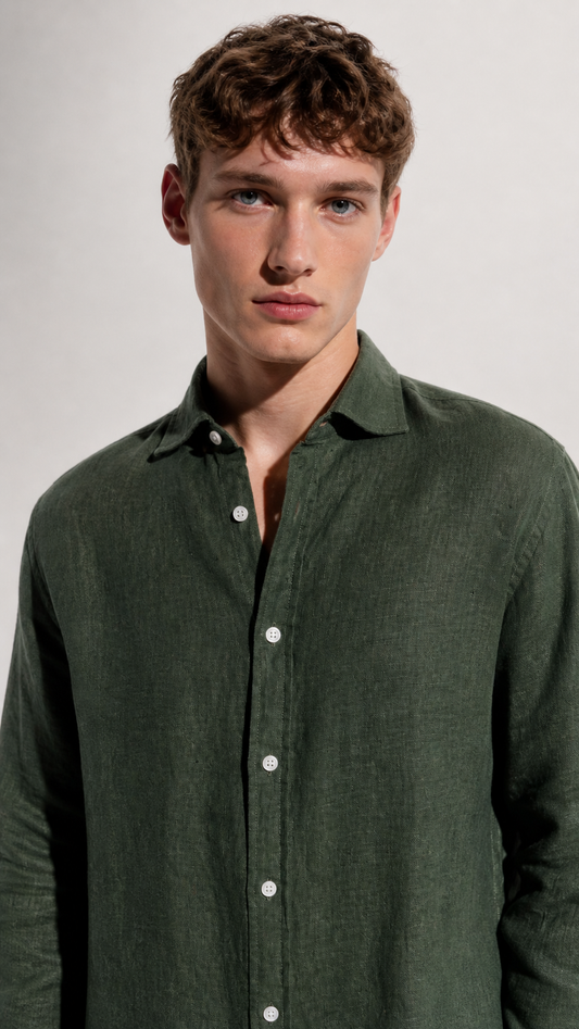 100% Pure Linen Dark Olive Shirt
