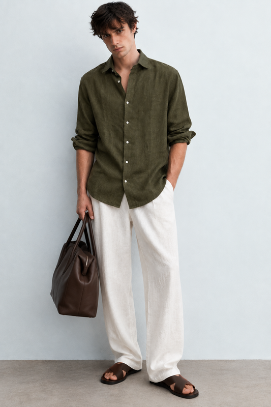 100% Pure Linen Dark Olive Shirt