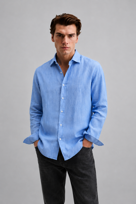 100% Pure Linen Blue Shirt