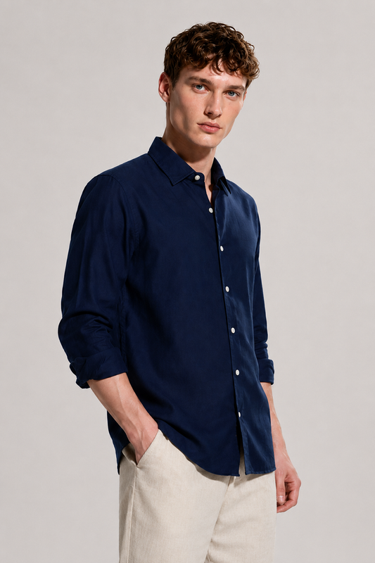 Navy Blue Linen Blend Shirt