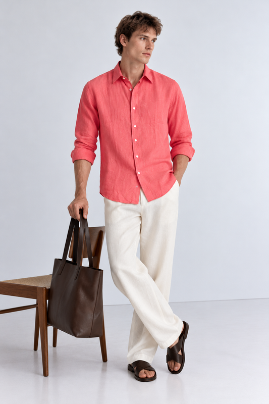 100% Pure Linen Coral Pink Shirt