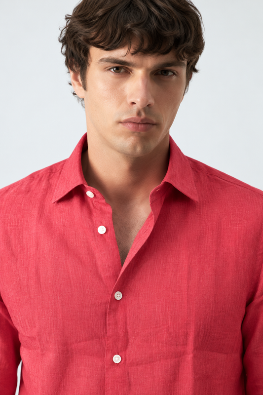 100% Pure Linen Coral Red Shirt