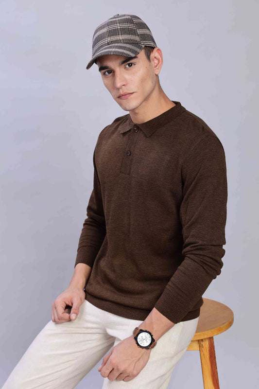 Brown Micro-structured knitted polo