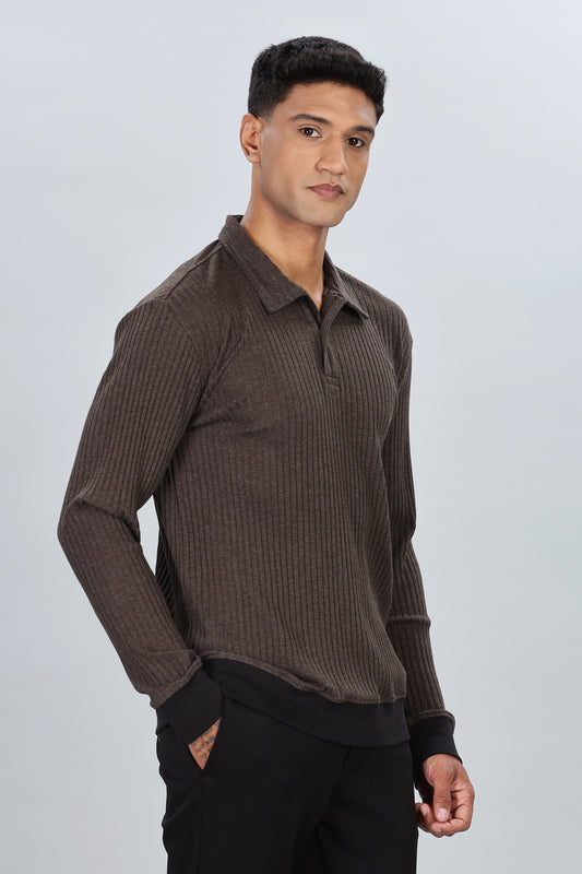 Brown Rib Knit Polo