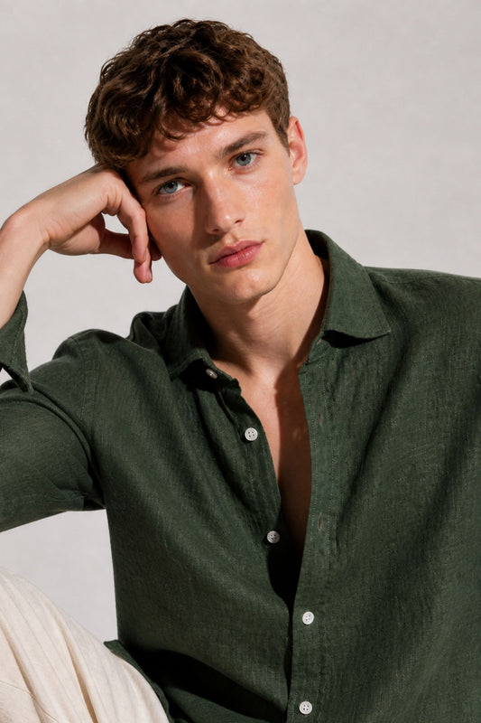 100% Pure Linen Dark Olive Shirt