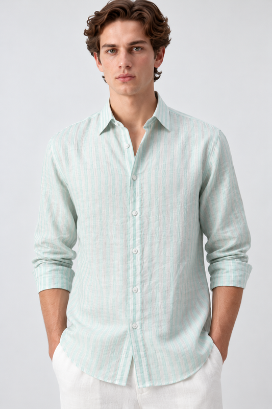 100% Pure Linen Light Green Striped Shirt