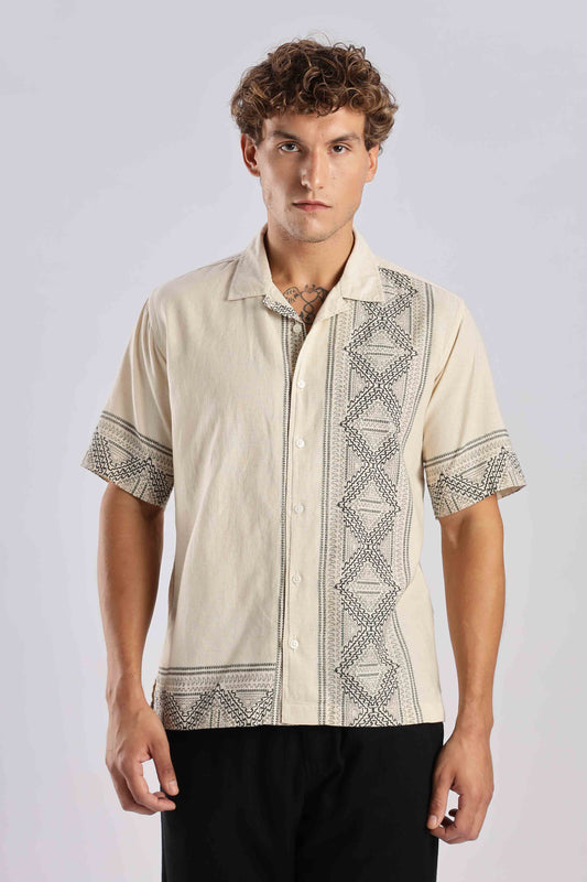 Warm Beige Ethnic Linen Shirt