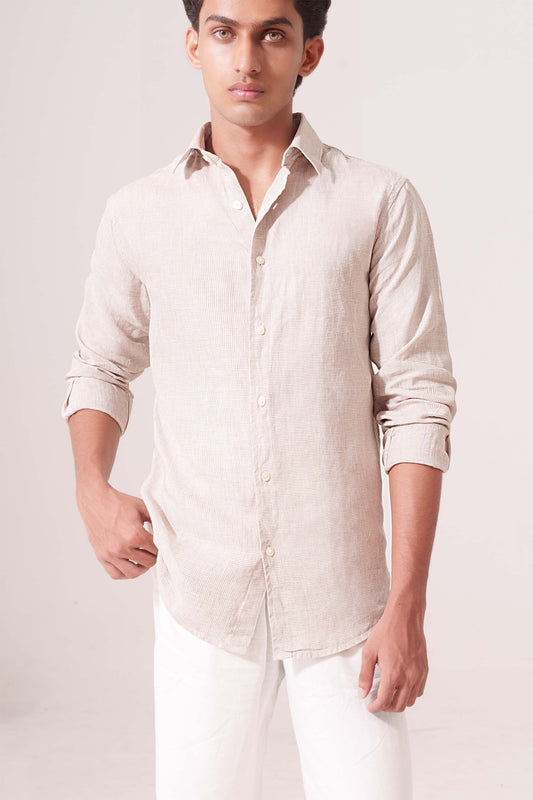 Yellow micro check pure linen shirt