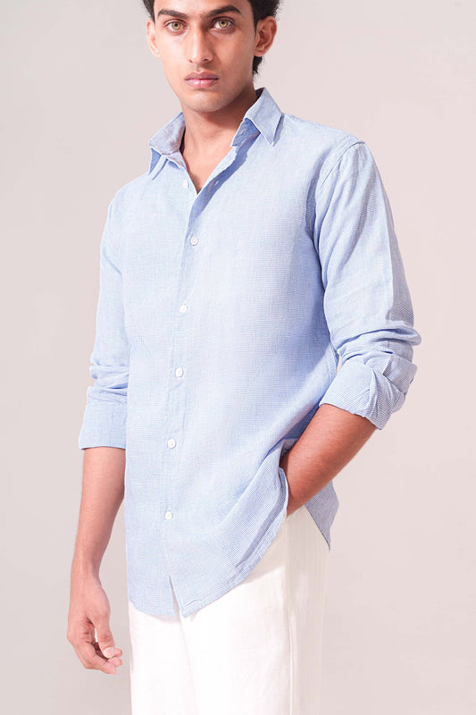 Blue micro check pure linen shirt