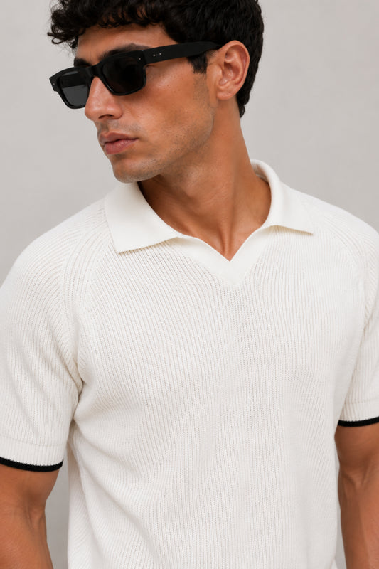 White Rib Knit Polo