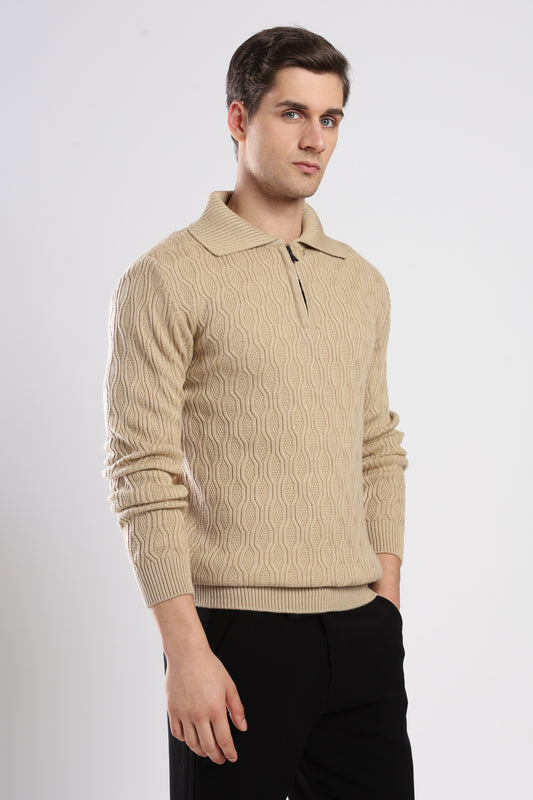Beige Textured Zip-Collar Sweater