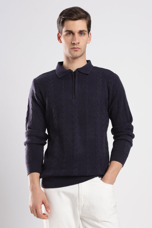 Navy Blue Textured Zip-Collar Sweater