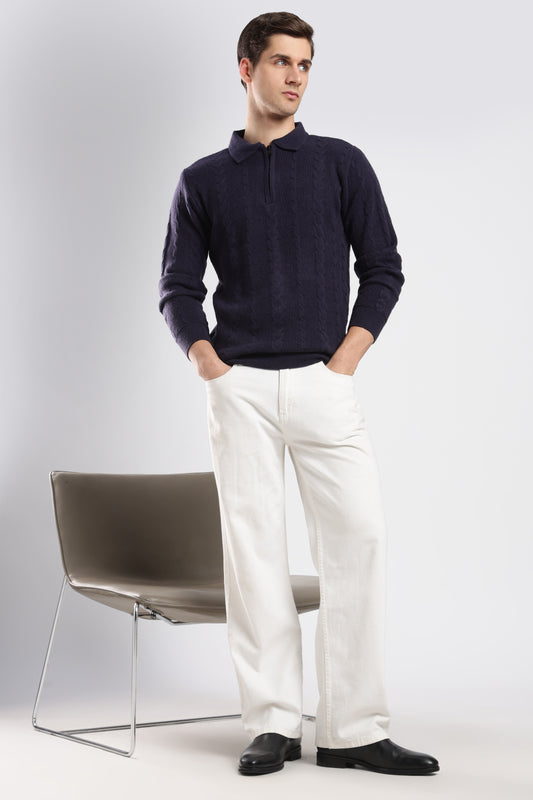 Navy Blue Textured Zip-Collar Sweater