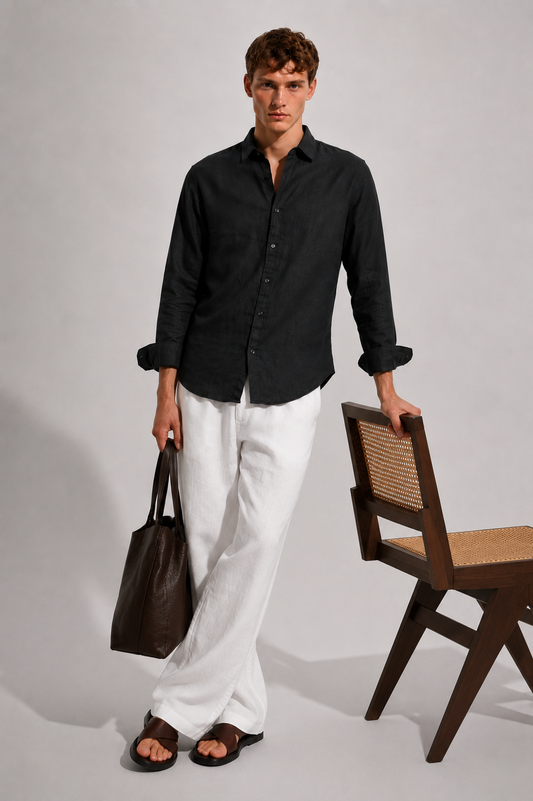 100% Linen Black Relaxed Fit Shirt