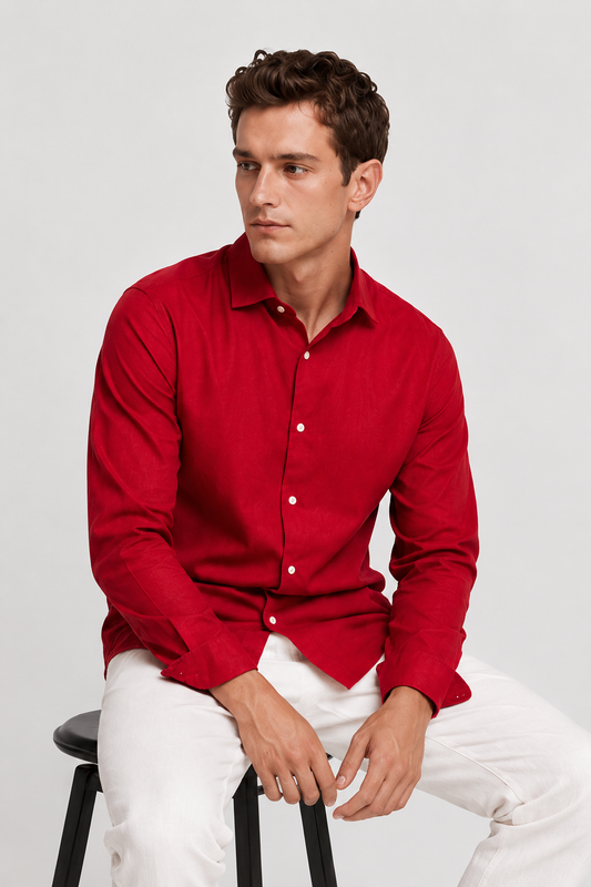 Crimson Red Linen Blend Shirt