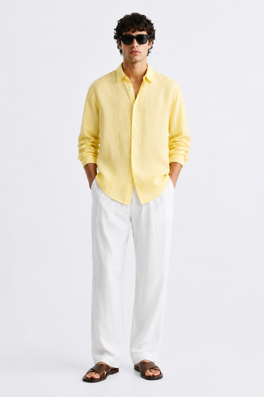 100% Pure Linen Yellow Shirt