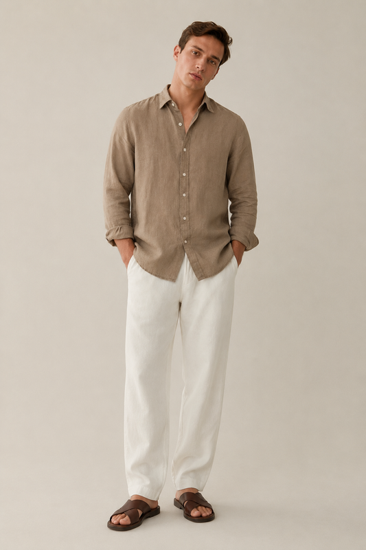 100% Pure Linen Taupe Brown Shirt
