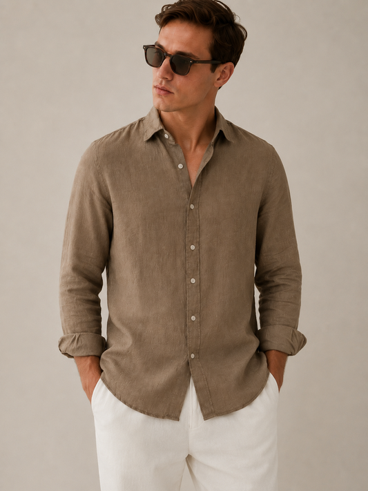 100% Pure Linen Taupe Brown Shirt