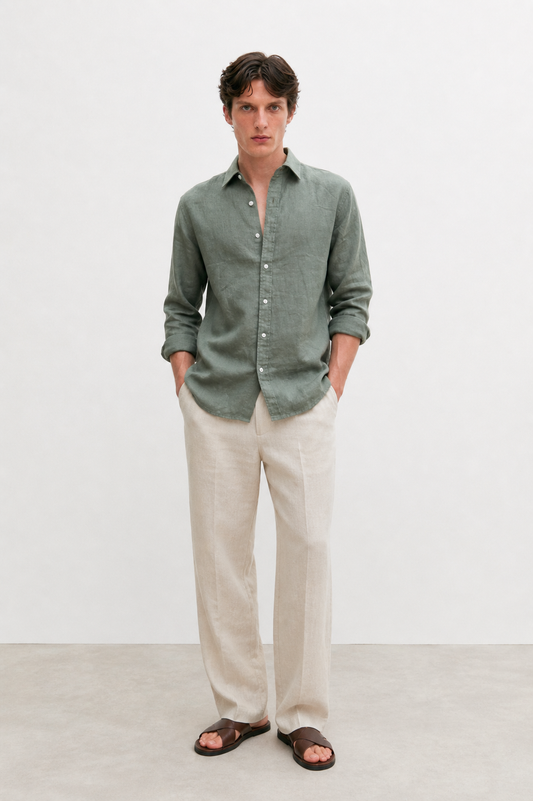 100% Pure Linen Olive Green Shirt