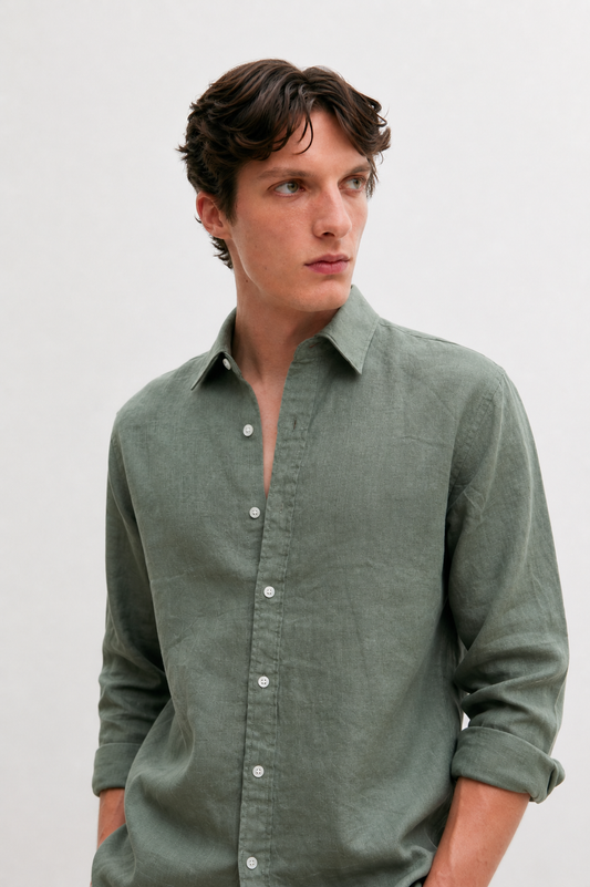100% Pure Linen Olive Green Shirt
