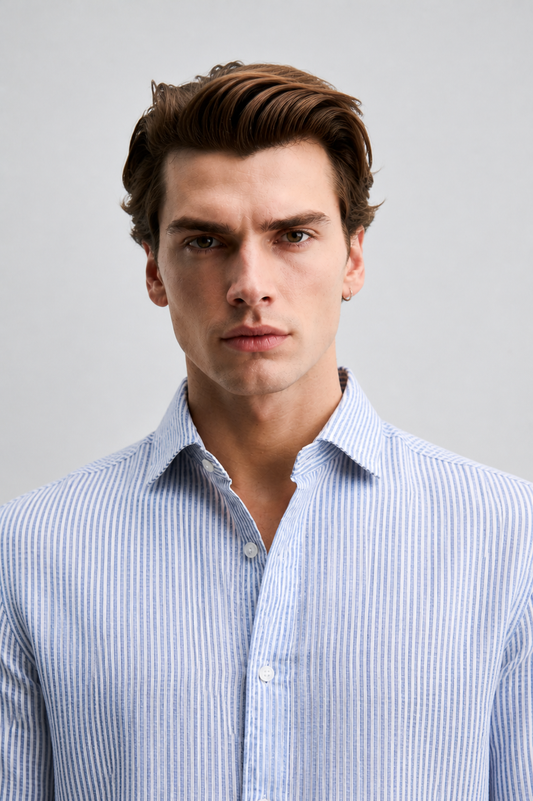 100% Pure Linen Blue Stripe Shirt