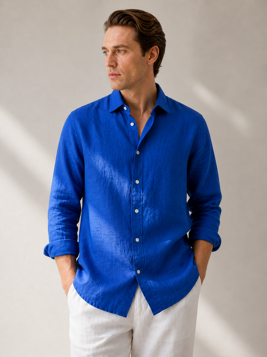100% Pure Linen Royal Blue Shirt