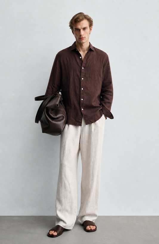 100% Pure Linen Coffee Brown Shirt