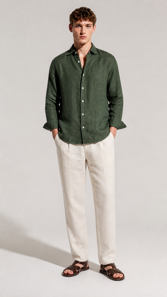 100% Pure Linen Dark Olive Shirt