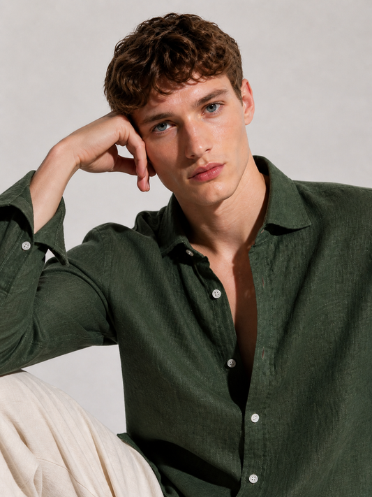 100% Pure Linen Dark Olive Shirt