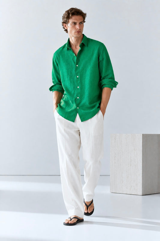 100% Pure Linen Green Shirt