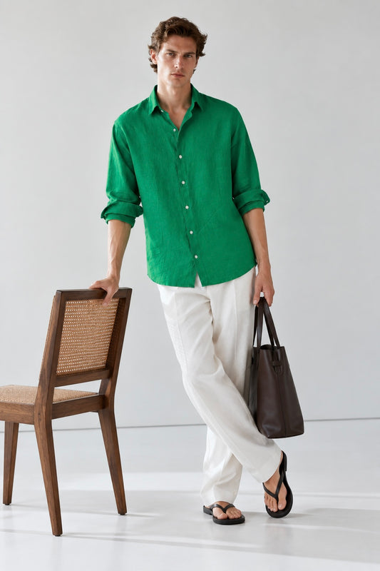 100% Pure Linen Green Shirt