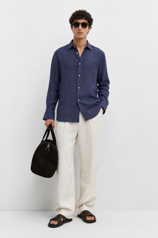 Navy Blue 100% Linen Relaxed Fit Shirt