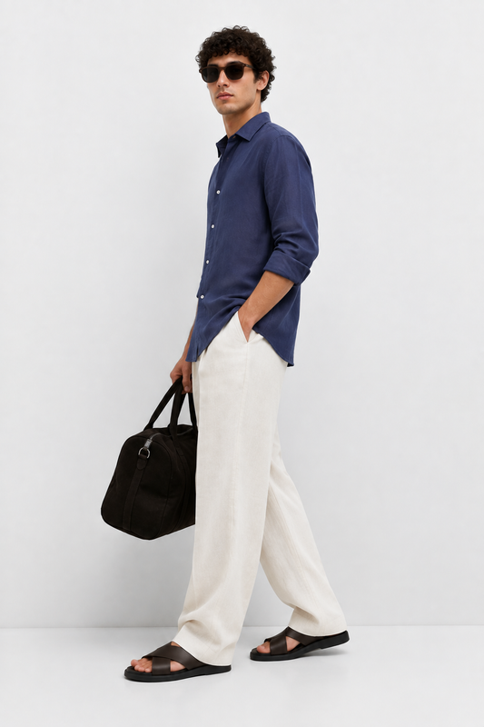 Navy Blue 100% Linen Relaxed Fit Shirt