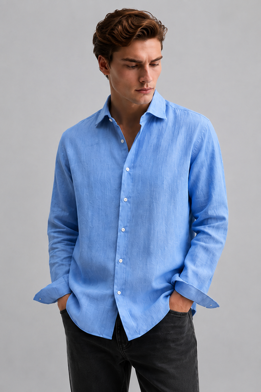 100% Pure Linen Blue Shirt