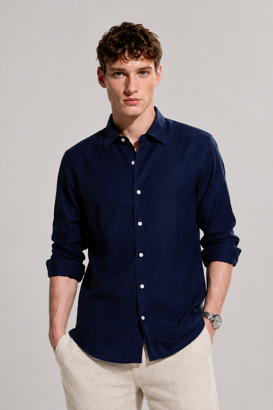 Navy Blue Linen Blend Shirt