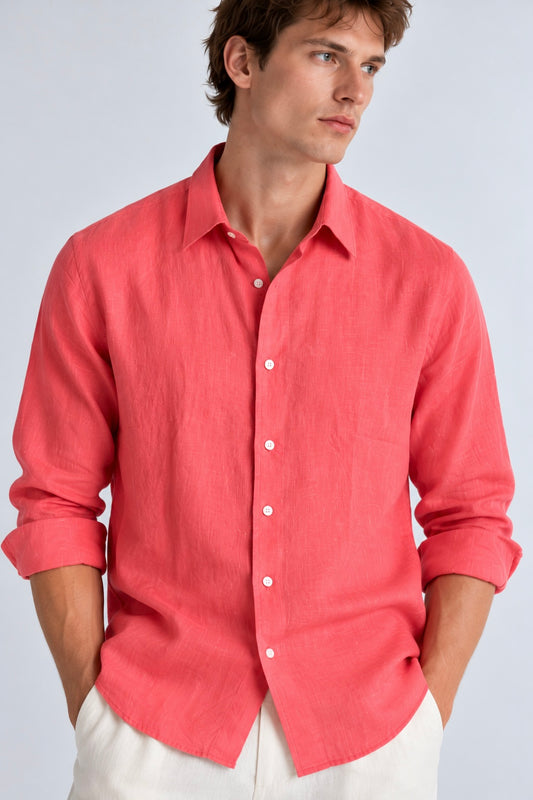 100% Pure Linen Coral Pink Shirt