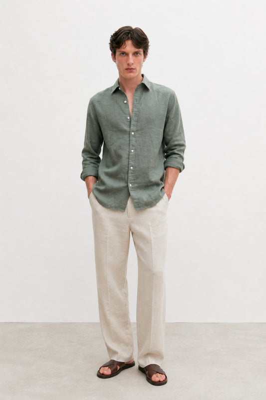 100% Pure Linen Olive Green Shirt