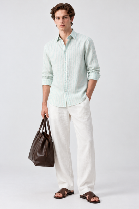 100% Pure Linen Light Green Striped Shirt