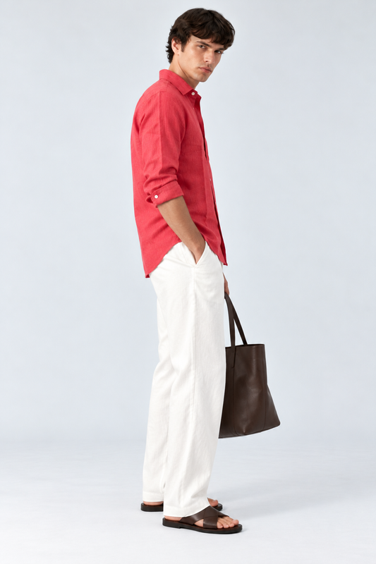100% Pure Linen Coral Red Shirt