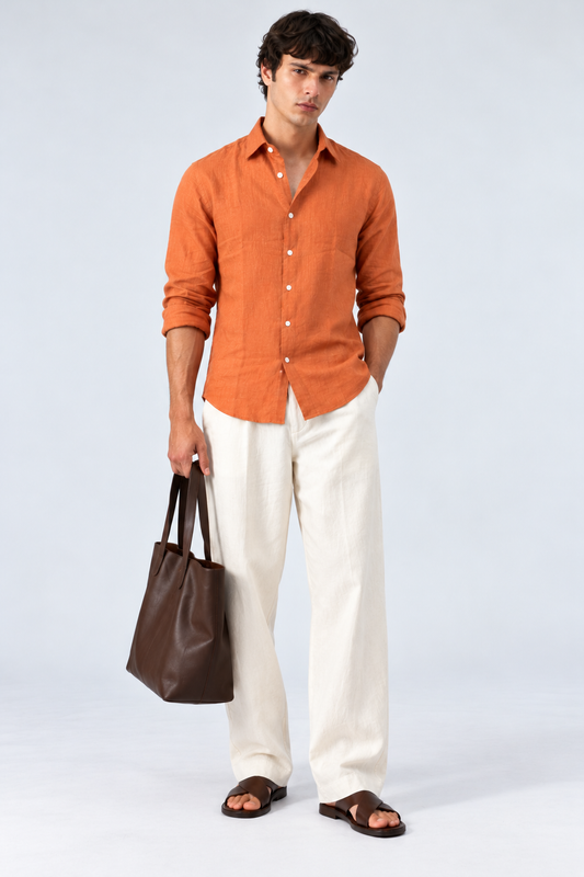 100% Pure Linen Terracotta Orange Shirt