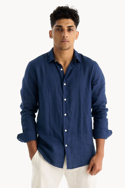 100% Linen Navy Blue Regular Fit Shirt