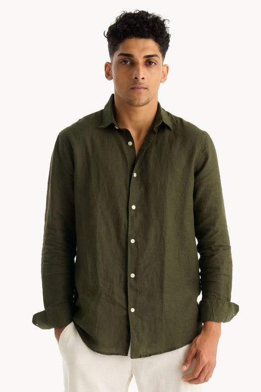 100% Linen Olive Regular Fit Shirt