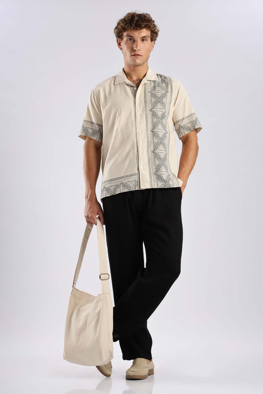 Warm Beige Ethnic Linen Shirt